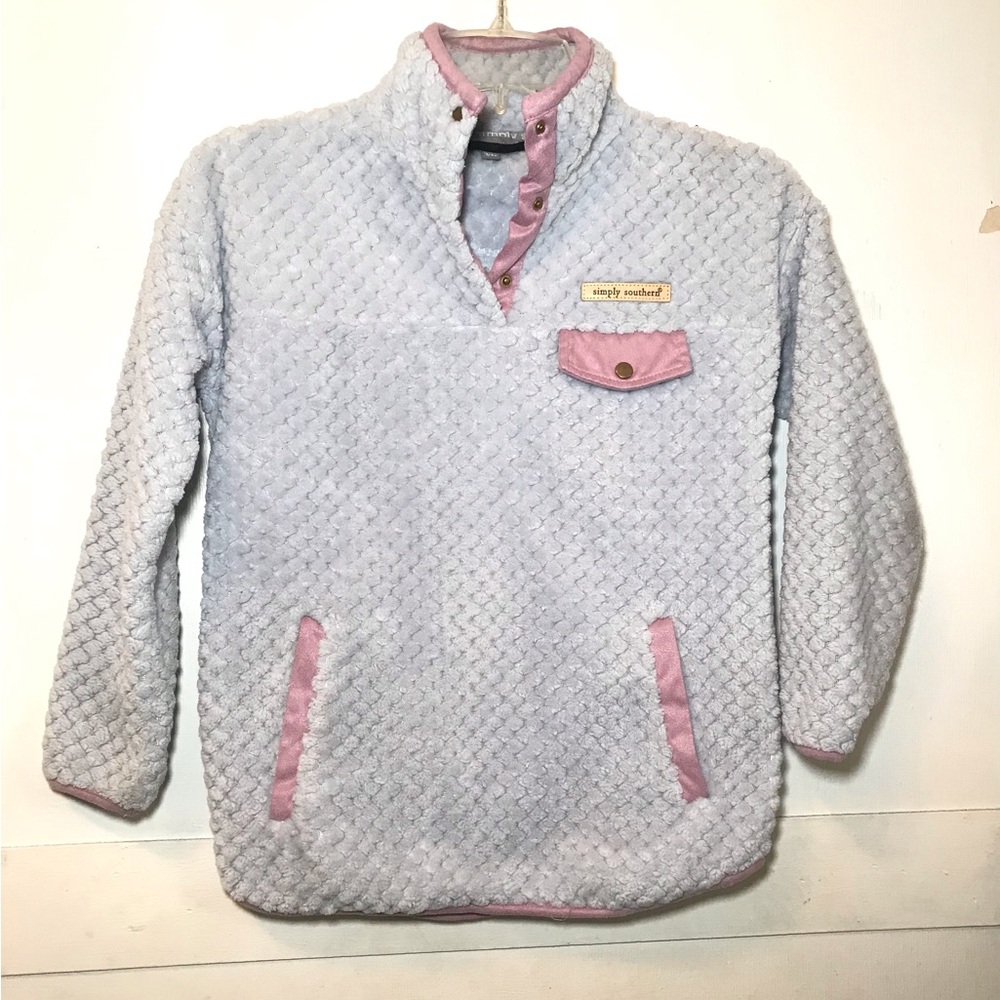 Simply Southern Bluish gray Velour Pullover with Pink Trim